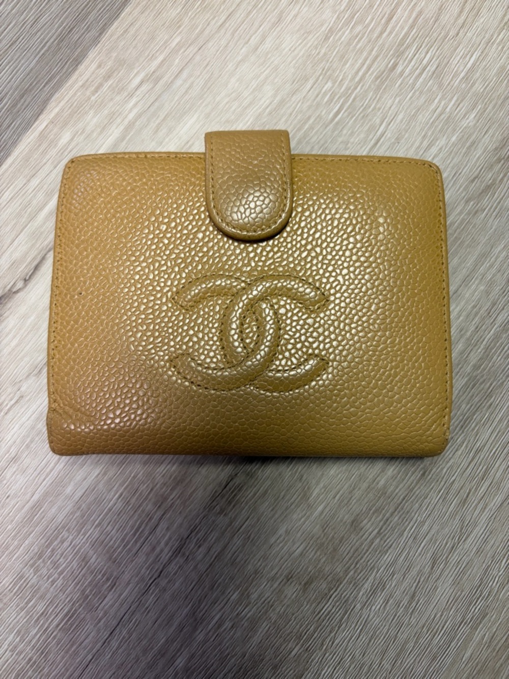 CHANEL Camel Caviar Leather Snap Wallet with Embossed CC